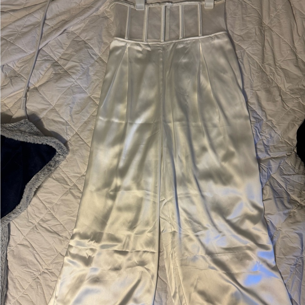 White corset detailed satin pants NWT